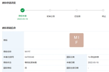 小米科技有限責(zé)任公司申請(qǐng)注冊“MI FIT”商標(biāo)
